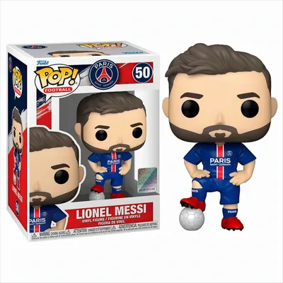 A Funko Pop! vinyl figure of Lionel Messi in his Paris Saint-Germain uniform, displayed next to its packaging.