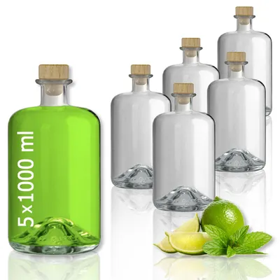 Produktbild von 5 Glasflaschen 1000 ml leer zum selbst Befüllen mit Korken Apothekerflasche Essig Öl Flasche Schnapsflaschen Likörflaschen