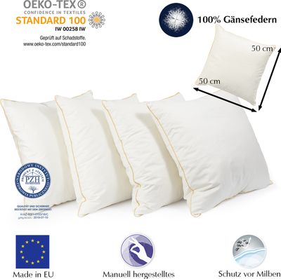 Sada 4 vankúšov z peria 50x50 cm | výplň vankúša 700g 100% perie | certifikovaný vankúš | poťah 100% bavlna