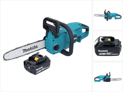 A turquoise and black Makita cordless chainsaw with a battery pack is displayed on a white background.
