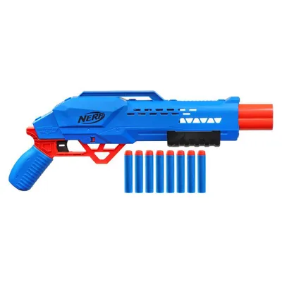 A blue and red Nerf toy gun with darts.