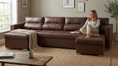 Produktbild von Ecksofa VARIUS BIG Boston – Universal, Kunstleder in Braun, Family Meble, KI-generiertes Bild