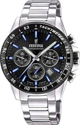 A close-up studio shot of a Festina chronograph watch with a black dial and silver metal band.