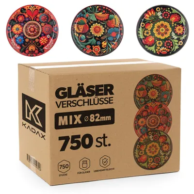 Produktbild von KADAX Schraubdeckel fi 82 mm, 750 Stück, Twist-Off-Deckel Set aus Metall, Ersatzdeckel für Einmachgläser, Marmeladengläser, Honiggläser und Schraubgläser (Bunte Blumen)