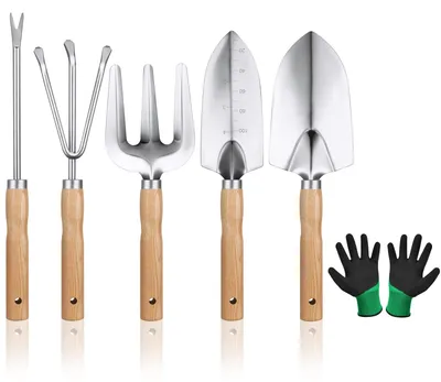 Obrázek produktu pro Sada zahradního nářadí OFFCUP, 6 kusů zahradního nářadí, zahrnující nářadí s ergonomickými rukojeťmi, včetně široké lopaty, špachtle, odstraňovače kořenů, hrábě, třízubé vidle a páru rukavic