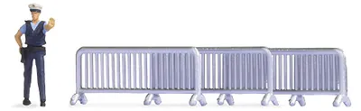 Produktbild von NOCH handkolorierte Tiny-Scenes Polizeieinsatz mit Polizist und 3 Absperrgittern, H0 1:87 Miniaturfiguren für Modelleisenbahn.
