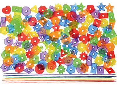 Produktbild von Eduplay Fädelspiel - bunte Knöpfe 144 Stück mit 6 Fädelbändern