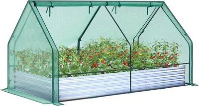 Produktbild von Famanu Hochbeet mit Gewächshaus - verzinkte Metallpflanzbox 20 x 10 cm - 4 Türen für Belüftung