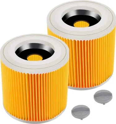 Two cylindrical filters with orange pleated material and white tops are shown against a white background. Two small gray caps are also visible in the lower right corner.