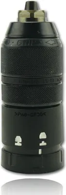 A close-up studio shot of a drill chuck.