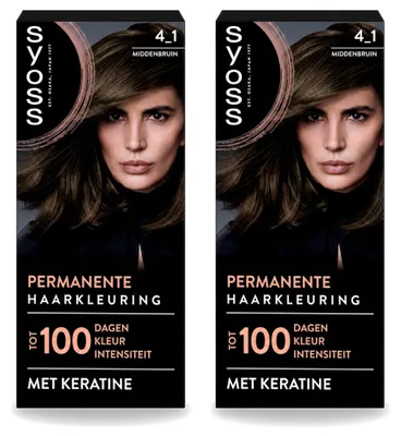 Produktbild von 2 x SYOSS Permanente Haarkleuring 4-1 Mittelbraun mit Keratin - Vorteilspackung - 2 Stücke