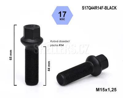 Obrázok produktu pre Skrutka kolesa M15x1,25x44 guľová skrutka R14, kľúč 17, S17Q44R14F-BLACK, čierna, výška 65 mm