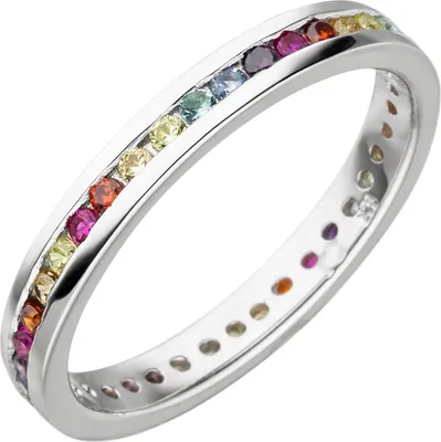 Produktbild von Memory Ring aus 925 Silber rhodiniert mit bunten Zirkonia multicolor rundum, Ringgröße:Innenumfang 58mm  Ø18.5mm