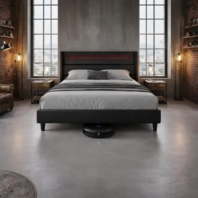 Produktbild von FURNIFY® Polsterbett ALVA 140 x 200 cm Bettgestell aus Kunstleder | Doppelbett mit Matratze, LED & verstellbarem Kopfteil | Schwarz
