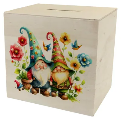 Produktbild von Gartenzwerge Spardose aus Holz mit Blumen