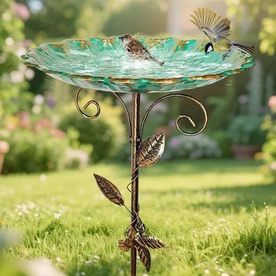 Productafbeelding van Famanu vogelbad met voet, diameter 26 x 77 cm, weerbestendig, met grondpen, geschikt voor tuin en balkon