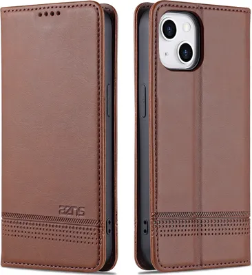 A brown leather flip case for an iPhone 14 Plus is shown from two angles.