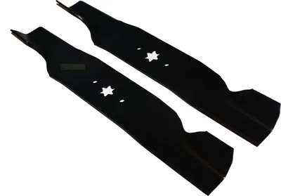 Two black lawn mower blades are shown against a white background.