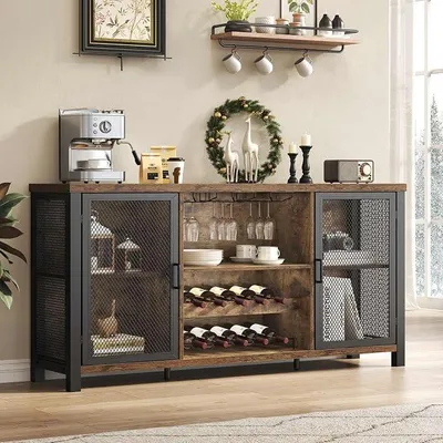 Imagen del producto de Aparador de cocina con espacio de almacenamiento, estilo industrial, armario para licores, estantería para vinos, mueble de bar de madera y metal para el hogar, cocina, comedor, estilo rústico, color marrón, 140 cm