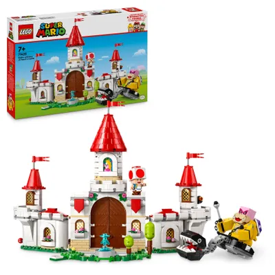 A LEGO Super Mario set is shown, with the box in the upper portion and the assembled toy in the lower portion.