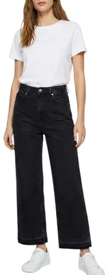 Produktbild von Zara Damenhose aus schwarzem Denim mit hoher Taille und geradem Bein S