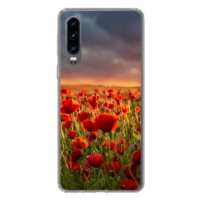 Produktbild von MuchoWow® Handyhülle Schutzhülle Hülle für Huawei P30 Sonnenuntergang über einem Feld von Mohnblumen Silikon Softcase Handy Hülle - Kartenbesitzer