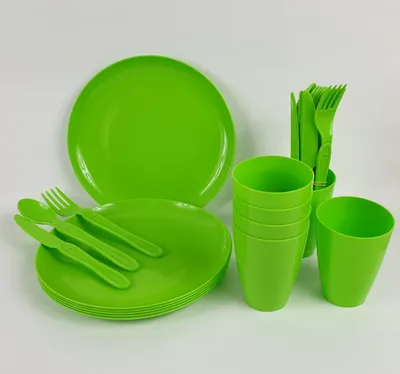 Produktbild von Picknickset Campinggeschirr 31-teilig für 6 Personen Teller Becher Besteck grün