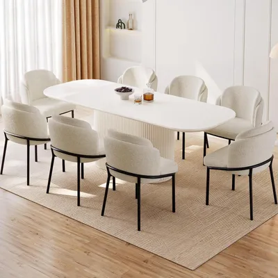 Productafbeelding van Eetkamerset met tafel en 8 stoelen, Scandinavisch design, wit, 220 cm