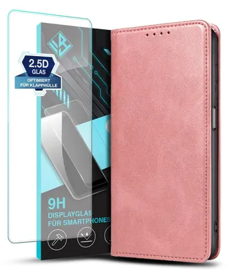 A pink flip cover phone case and a screen protector are displayed side-by-side against a white background.