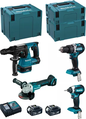 Produktbild von MAKITA Kit MK407RTJ (DHR243 + DHP484 + DTD153 + DGA504 + 2 x 5,0 Ah + DC18RC + MAKPAC 2 + MAKPAC 3 + MAKPAC 4)