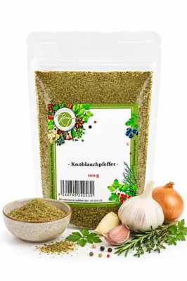 Produktbild von KT 100 g Knoblauch Pfeffer Knoblauchpfeffer Würzmischung Würzsalz Gewürzzubereitung - 1 A Qualität, KI-generiertes Bild