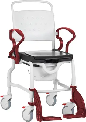 Produktbild von FabaCare Dusch- Toilettenrollstuhl Frankfurt, höhenverstellbar, Germany, Premium Toilettenstuhl, Duschstuhl fahrbar, Rollstuhl mit WC Eimer, Grau-Rubinrot