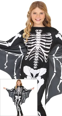 Produktbild von Skelett Fledermaus Flügel Kostüm Halloween Kinder Maskerade Grusel Party Schwarz Weiß Look, Größe: 110/116 Farbe: Schwarz