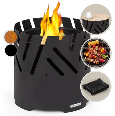Zdjęcie produktu dla BlumfeldtCrown, palenisko ogrodowe 3 w 1, Ø 46 cm, wodoodporne i mrozoodporne, płyta grillowa, ruszt grillowy, bambusowy blat