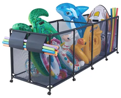 Imagen del producto de Contenedor de almacenamiento para piscina VEVOR, 2620x815x890 mm, organizador con bolsillos laterales, estructura de metal, cesta de malla, caja de almacenamiento, cesta organizadora, cesta de almacenamiento, carro de almacenamiento para juguetes de piscina