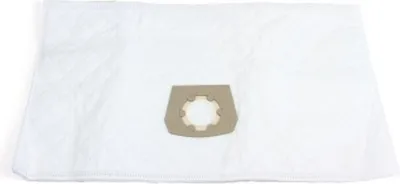 A white vacuum cleaner bag with a tan connector piece.