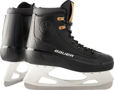 A pair of black ice skates with white blades, shown from the side.
