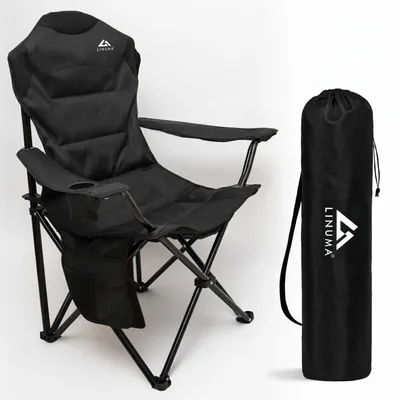 Produktbild von LINUMA® Luxus Faltstuhl SCHWARZ Campingstuhl Anglerstuhl mit Getränkehalter & Tragetasche - Anglersessel klappbar - Klappstuhl Gartenstuhl Faltstuhl R