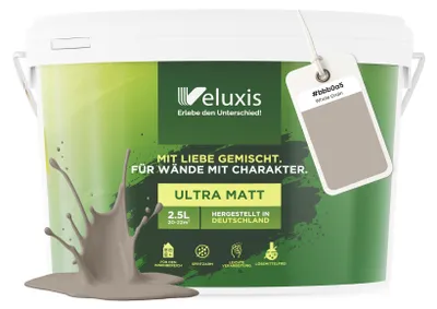 Produktbild von Wandfarbe Hellgrau Creme Beige Matt Innenfarbe – Deckkraft Klasse 1, VOC-frei, Ohne Grundierung, Tropfarm – Wohnzimmer & Schlafzimmer – 2,5L – Veluxis (Whole Grain)