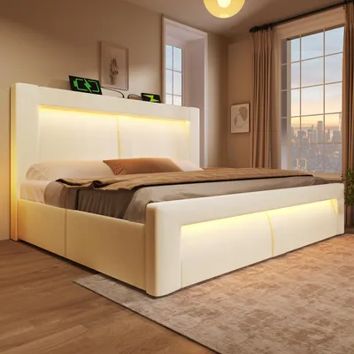 Produktbild von MODFU Doppelbett 180x200 Polsterbett mit Stauraum und LED-Beleuchtung,Bettgestell mit USB- & Type-C-Ladeanschlüsse,ohne Matratze,Beige