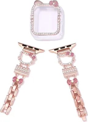 Produktbild von FFO2World Metallarmband im Katzenstil + Glitzerhülle für Apple Watch 40/41 mm, mit Strass, kompatibel mit Series 10–4 & SE, Roségold.