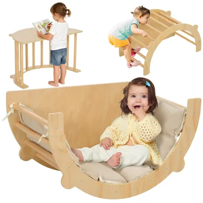 Produktbild von 3-in-1 Kletterbogen, Schaukelstuhl und Spieltisch mit Kissen, aus Naturholz, fš¹r Kinder von 18 bis 48 Monaten