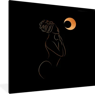 Produktbild von MuchoWow® Gerahmtes Poster Frau - Mond - Schwarz und Gold - Strichzeichnung 40x40 cm - Poster mit Schwarzem Bilderrahmen Wandposter Rahmen Foto Bilder - Mit Rahmen - Wanddekoration Schlafzimmer
