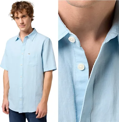 Produktbild von Wrangler 1 POCKET SHIRT Dream Blue BLAUES LEINENHEMD KURZARM M