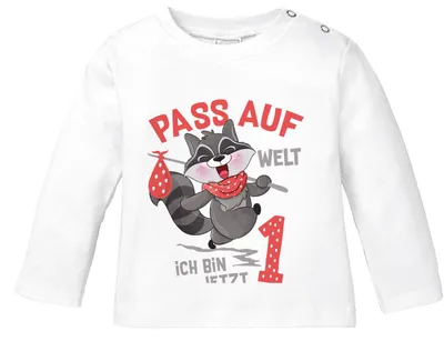 Produktbild von Baby Langarm-Shirt 1. Geburtstag Pass auf Welt ich bin jetzt 1 Waschbär Geburtstagsshirt Baumwolle Junge/Mädchen MoonWorks® weiß 68/74 (4-9 Monate)