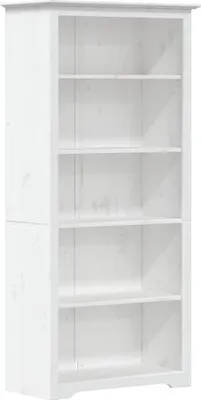 A white wooden bookshelf with five shelves.