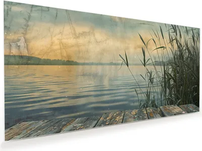 Produktbild von Glasbild 100x50cm in XXL für Wohnzimmer, Schlafzimmer Motiv Seeufer Abendstimmung