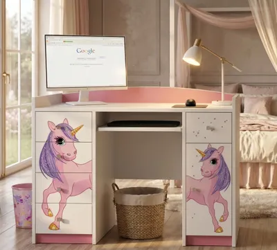 Obrázok produktu pre Písací stôl Happy Babies do detskej izby 125x89x60 biely ružový kancelársky PC stôl s výsuvom na klávesnicu počítačový stôl so zásuvkami vzor jednorožec