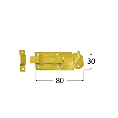 A brass door bolt with dimensions indicated by measurement lines and numbers.