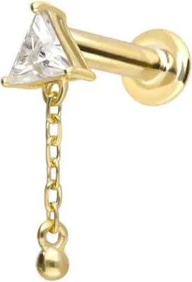 Produktbild von Ohrpiercing, Nasenpiercing 14 Karat Gold Labret mit Innengewinde MOISSANIT-DREIECK + KETTE 14 Karat | Gold Stablänge: 5mm - Stabstärke: 1,2mm